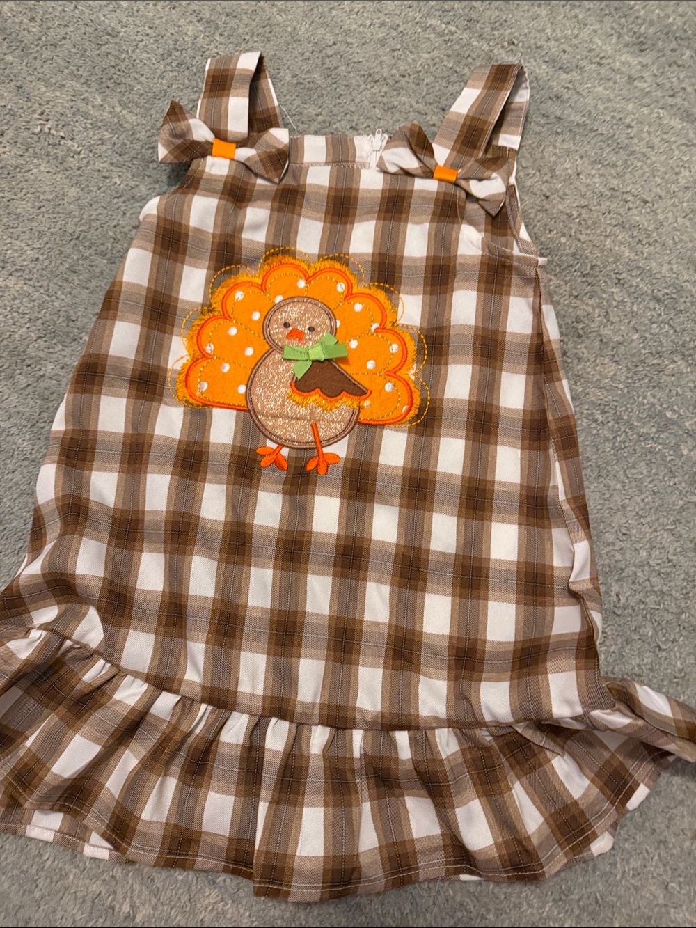 Rare Editions Brown Plaid Turkey Appliqué Dress with Orange Accents